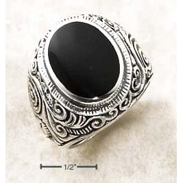 Sterling Silver Mens Bezel Set Onyx Ring Tapered Floral Ring - Size 11.0 by JewelryWeb