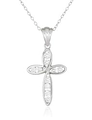 Sterling Silver Cubic Zirconia Closed Ribbon Cross Pendant Necklace, 18"