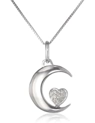 Sterling Silver "I Love U 2 the Moon and Back" Diamond Accent Moon and Heart Pendant Necklace  (0.10cttw, I-J Color, I2-I3 Clarity), 18"