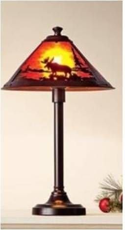 Mica Amber Wilderness Lodge Table Lamp with Moose Forest silhouette shade and Rustic Bronze Base