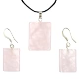 Rose Quartz Dome Rectangle Shaped Pendant and Earrings Set - 18x22mm Pendant, 14x18mm Earrings - Adjustable Cord Necklace
