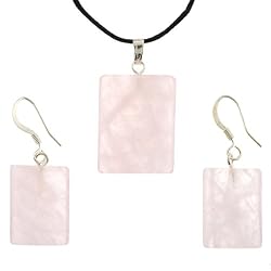 Rose Quartz Dome Rectangle Shaped Pendant and Earrings Set - 18x22mm Pendant, 14x18mm Earrings - Adjustable Cord Necklace