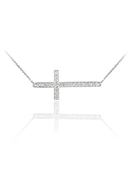 Sterling Silver Sideways Cross CZ Pendant Necklace