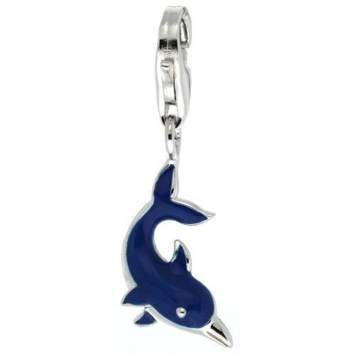 Sterling Silver Bottlenose Dolphin Charm for Bracelet, 13/16 in. (21mm) tall, Blue Enamel Finish