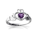 14K White Gold Heart Genuine Amethyst Celtic Claddagh Ring