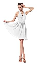 Summer Cocktail Short Chiffon Halter Sleeveless Beaded Evening Dress/Prom Dress/Party Dress/Wedding Dress 