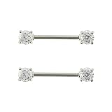 Stainless Steel Nipple Barbell with CZ Gems (Prong-Set) - Sold as a Pair