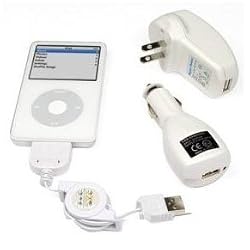 Universal Apple iPod USB Charger Kit - USB Retractable Hotsync Cable - USB Home Travel Charger - USB 12V Cigarette Lighter Charger for iPod Classic, iPhone, iPod Touch, iPod Nano, & All iPods w/ Dock Connector