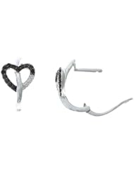 0.29CTW 14K White Gold Genuine Black + White Diamond Heart Huggie Earrings