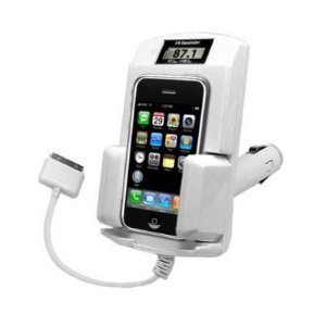 GSI Super Quality Wireless Hands-Free 5-in-1 Dock-Mount-Charger-FM Transmitter-Car Kit, for Ipod, IPhone, MP3, MP4, CD, DVD Players – Includes USB Cable, LCD Display – Cigarette Lighter Plug-In – White