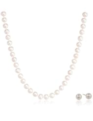 Sterling Silver 7-8mm 18" White Freshwater Cultured Pearl Necklace and Earrings