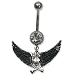 Stainless Steel Belly Ring with Clear Australian Crystals - Dangling wings with skull and crossbone 14g/5mm ball