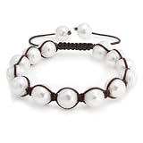 IMAGE OF SH-PEARL PEARL MAGNETIC SHAMBALLA: White coultured pearl pave Shamballa Bracelet Macrame Disco Ball Iced swarovski bling bling 11mm Unisex for men and women by Utopia © Paris,London NY