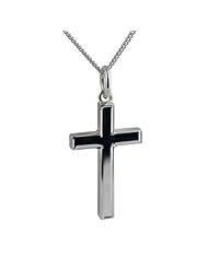 British Jewellery Workshops Silver 25x15mm line border block Cross with Curb chain