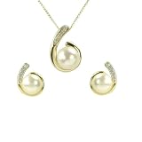 9ct Yellow Gold Diamond Set Figure of 6 Pearl Pendant and Earrings Set + 18 Curb Chain