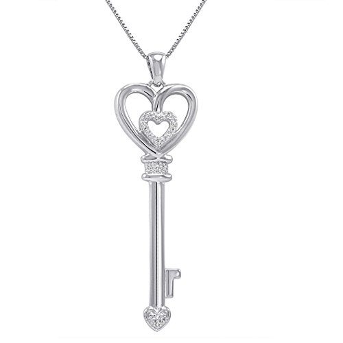 Diamond Key to Her Heart Pendant-Necklace in Sterling Silver on an 18