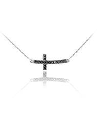 14k White Gold Sideways Curved Cross Black CZ Cute Necklace