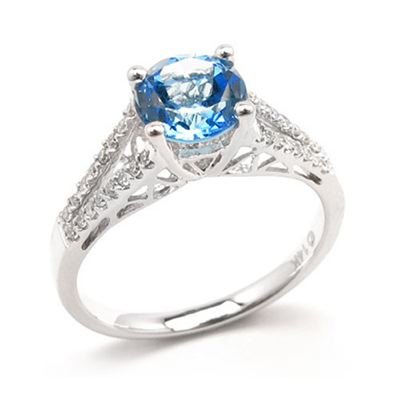 14k White Gold Blue Topaz and Diamond Ring