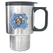 On the Road Again?< 14 oz. Stainless travel mug is plastic lined, with a plastic cover to keep your hot or cold drinks. Colorful metal applique is approx 2 inches high, mug is approx 5 1/2IN tall.