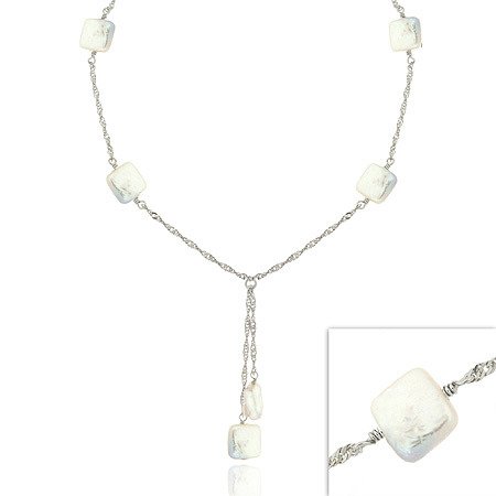 Sterling Silver .925 Iridescent Genuine Freshwater Cultured Square White Coin Pearl Twist D-cut Lariat Necklace
