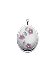 Sterling Silver Pink Enamel Flower Engraved Locket Pendant (1" or 25mm Height)