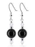 Black Agate and Clear Swarovski Crystal Sterling Silver French Ear Wire Hook Dangle Earrings