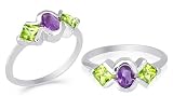 Oval Princess Cut Amethyst Peridot Three Stone Ring Sterling Silver