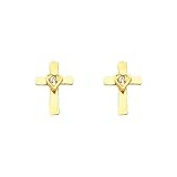 14K Yellow Gold Cross Heart CZ Stud Earrings with Screw-back for Baby & Children