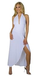 Sophisticated Long Evening Club Cocktail Halter Dress with Draped Hem from Hot Fash Dresses - EMPRESS White