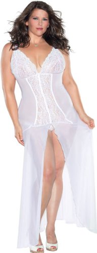 Plus Size White Bridal Gown Sheer Lace Sleepwear Set: Nightgown & Matching G-String Large Big Modest Bridal Wear