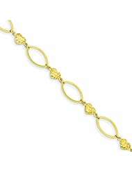 14K Gold Oval Link with Diamond Cut Hearts Bracelet 7.5 Inches