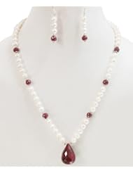 Single Strand Elegant Natural Fresh Water Pearl & Ruby Drop Beaded Necklace with Free Earrings