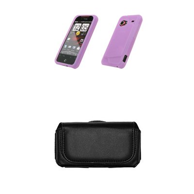 HTC Droid Incredible Premium Case Cover Silicone Cell Phone Protector Light Purple + Premium Leather Case Side Pouch for HTC Droid Incredible