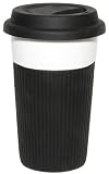 Porcelain Eco Friendly Reusable Black 14oz Coffee or Tea Mug with Silicone Grip & Lid