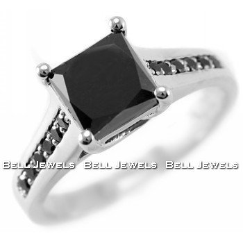 Fine Princess-Cut Black Diamond Engagement Ring 14k White Gold