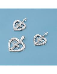 Sterling Silver Elegant Love Design Heart Pendant and Earrings Jewelry Set with Cross