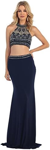 TwinMod 2-Piece Crop Top Moroccan Beaded Prom Bridesmaid Party Dress (SMALL, NAVY BLUE)