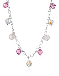 Swarovski Elements Faceted Crystal Aurora Borealis and Rose Color Bicone and Quartz Beads Sterling Silver Chain Necklace, 18"