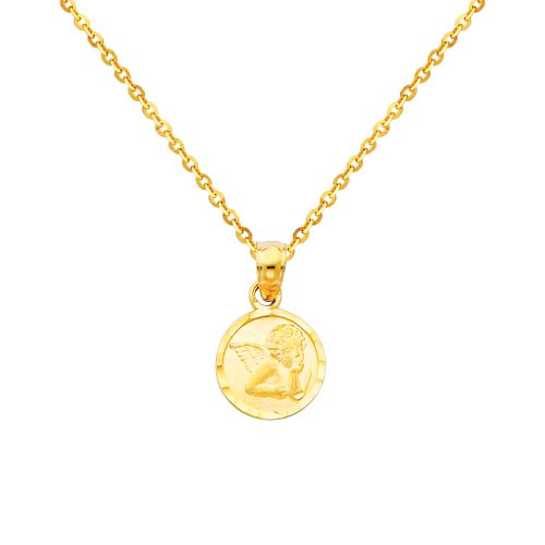 14K Yellow Gold Religious Angel Charm Pendant with Yellow Gold 1.2mm Side Diamond-cut Rolo Cable Chain Necklace with Spring-ring Clasp - Pendant Necklace Combination (Different Chain Lengths Available)