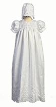 Hot Sale Long White Embroidered Shantung Christening Baptism Gown with Matching Bonnet - M (6-9 Month)
