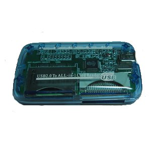 Mini All-in-1 Memory Card Reader Blue Compatible with: Secure Digital: miniSD (with adapter), microSD/TransFlash (with adapter), Compact Flash: CF I, CF II, CF Ultra II, MicroDrive, xD Picture Cards, Memory Stick: Memory Stick, Memory Stick Pro, Memory Stick Duo, Multimedia Card: MMC I, MMC II, RS-MMC, HS-MMC