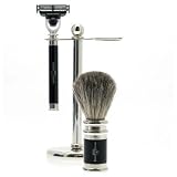 Edwin Jagger Shaving Shave 3 Pc Set with Mach 3 Razor, Pure Badger
Brush & Stand- Black & Nickel Plated