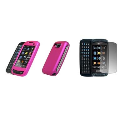 cell phone, Samsung Impression A877 - Premium Hot Pink Rubberized Snap-On Cover Hard Case Cell Phone Protector + Crystal Clear Screen Protector + USB Data Charge Sync Cable for Samsung Impression A877
