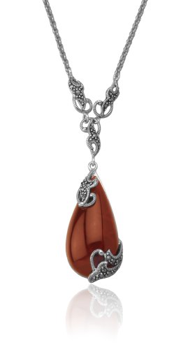 Sterling Silver Marcasite & Garnet Glass Tear Drop Necklace, 16