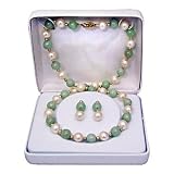 Jade, Freshwater Pearl 8-8.5mm and Gold Bead Necklace, Earring Set With 14kt Gold Clasp SET-242Y