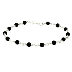 Sterling Silver .925 Genuine Onyx Stone Bead Link Bracelet by Onyx Bracelet