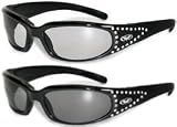 2 Women Motorcycle Padded Sunglasses Glasses Clear and Smoked Rhinestones With Vented EVA Foam Padding UV400 Filter for Maximum UV Protection