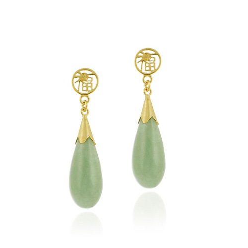 18K Gold over Sterling Silver Green Jade Drop Earrings