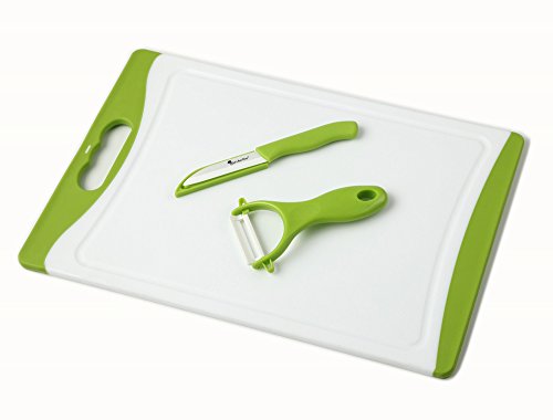 Chef Made Easy Large Plastic Cutting Board (Green) with Drip Groove Includes Free Bonus Ceramic Peeler and 3