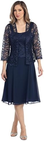 Prommay Women's Chiffon Crewneck Short Mother of the Bride Dress with Jacket Size 12 Navy